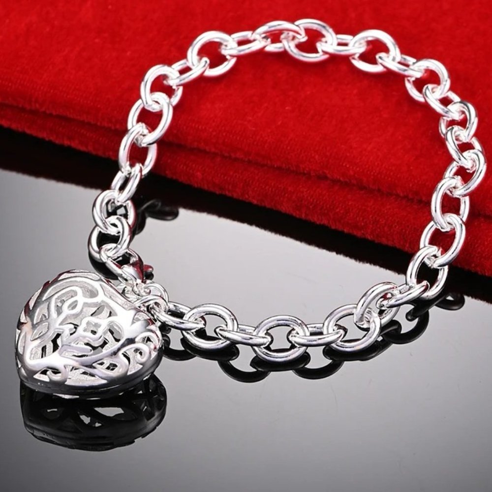Hollowed & Carved Heart Pendant Bracelet Stamped .925 Solid Sterling Silver